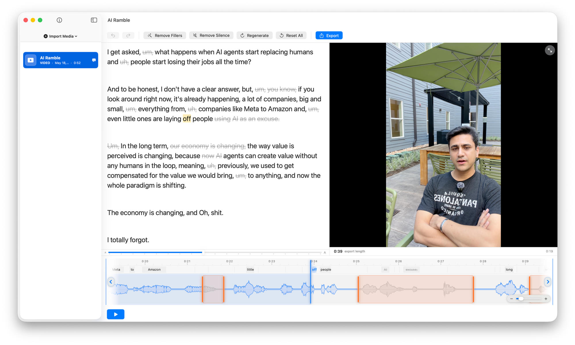 FriCut on macOS: a transcript with filler words struck through, a video preview, and a synced waveform timeline.
